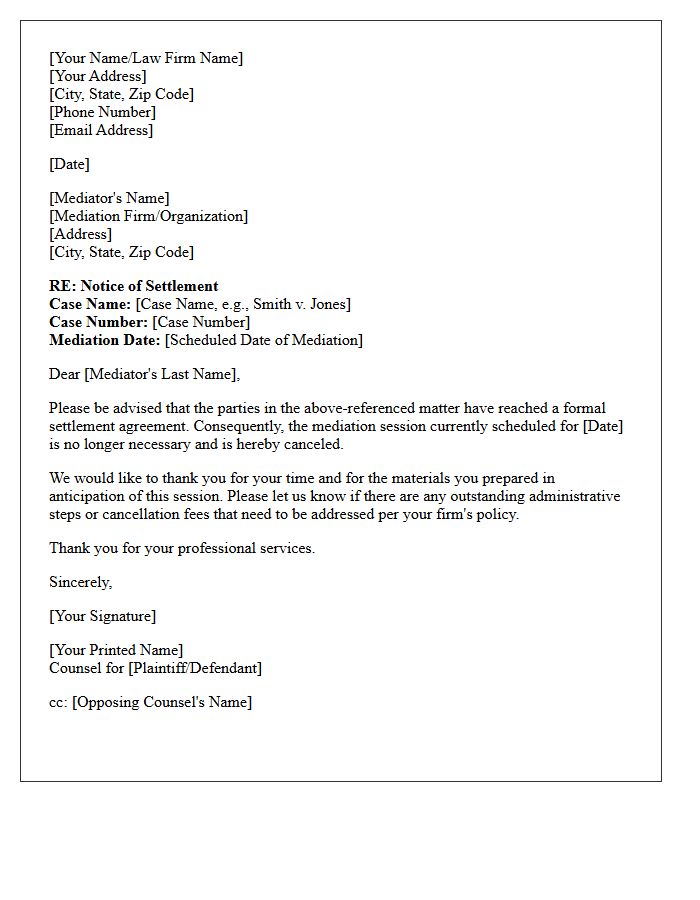 Notice of Settlement Letter to the Mediator