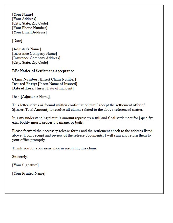 Notice of Settlement Letter to the Insurance Adjuster