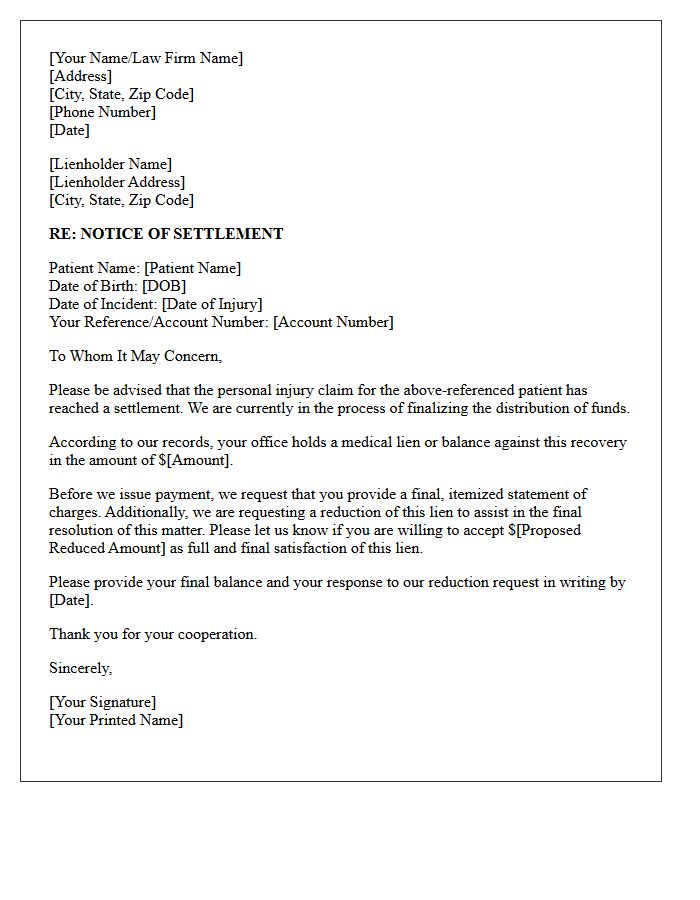 Notice of Settlement Letter to the Medical Lienholder