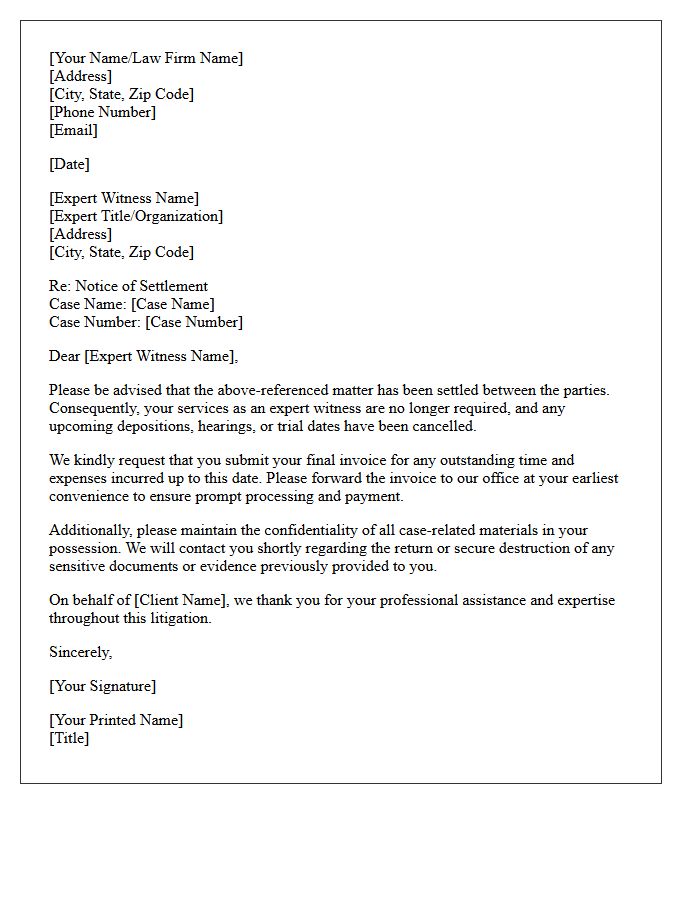 Notice of Settlement Letter to the Expert Witness