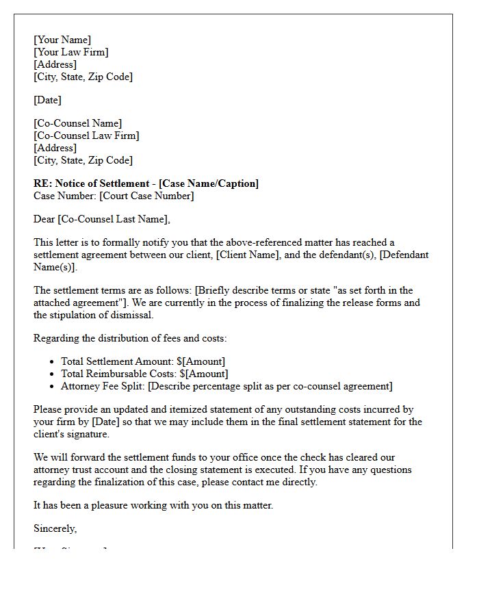 Notice of Settlement Letter to Co-Counsel