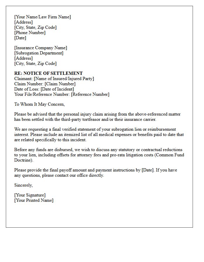 Notice of Settlement Letter to the Subrogation Department