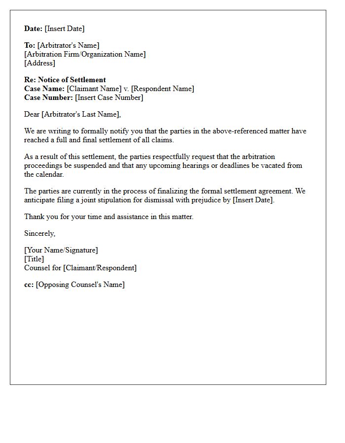 Notice of Settlement Letter to the Arbitrator