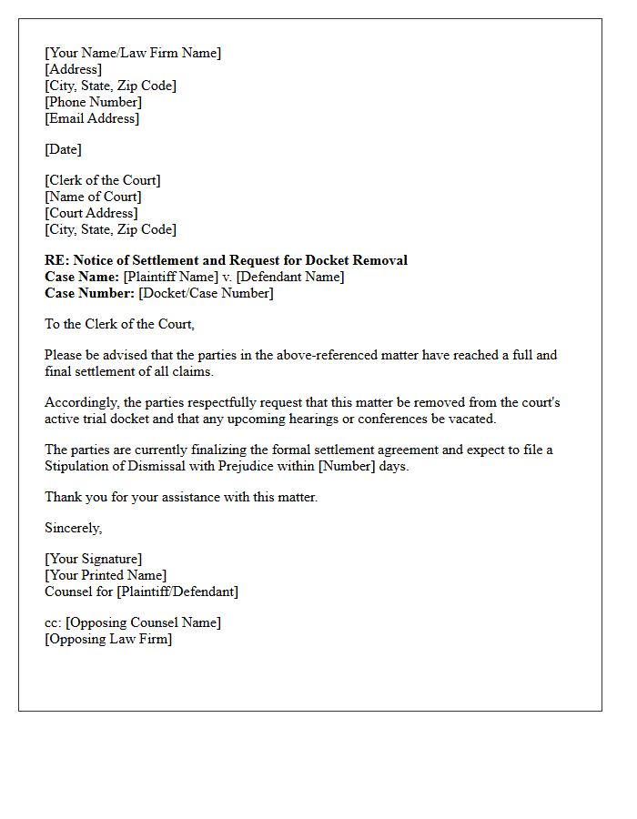 Notice of Settlement Letter for Docket Removal