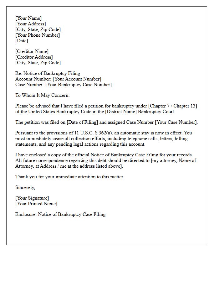 Letter to Creditors Enclosing Notice of Bankruptcy Filing
