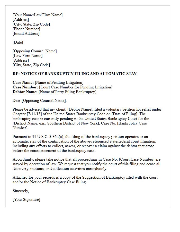 Notice of Bankruptcy Filing Letter to Opposing Counsel