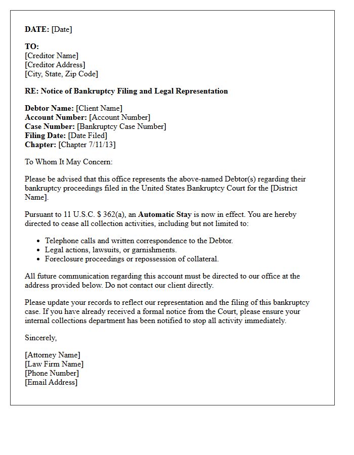 Letter of Representation and Notice of Bankruptcy Filing
