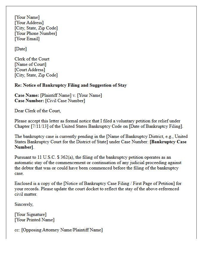 Letter to Court Clerk Submitting Notice of Bankruptcy Filing