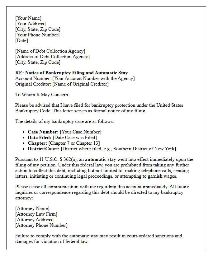 Notice of Bankruptcy Filing Letter to Debt Collection Agency