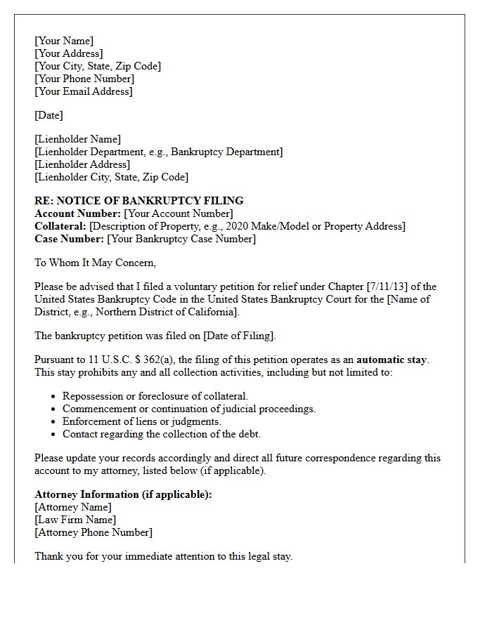 Letter to Secured Lienholder Announcing Notice of Bankruptcy Filing