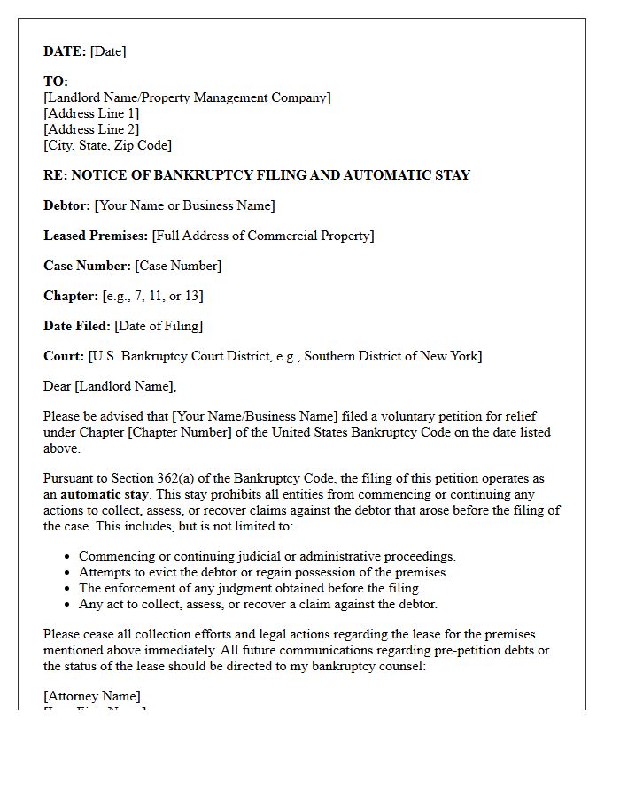 Notice of Bankruptcy Filing Letter to Commercial Landlord