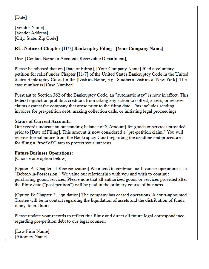 Letter to Vendors Regarding Corporate Notice of Bankruptcy Filing
