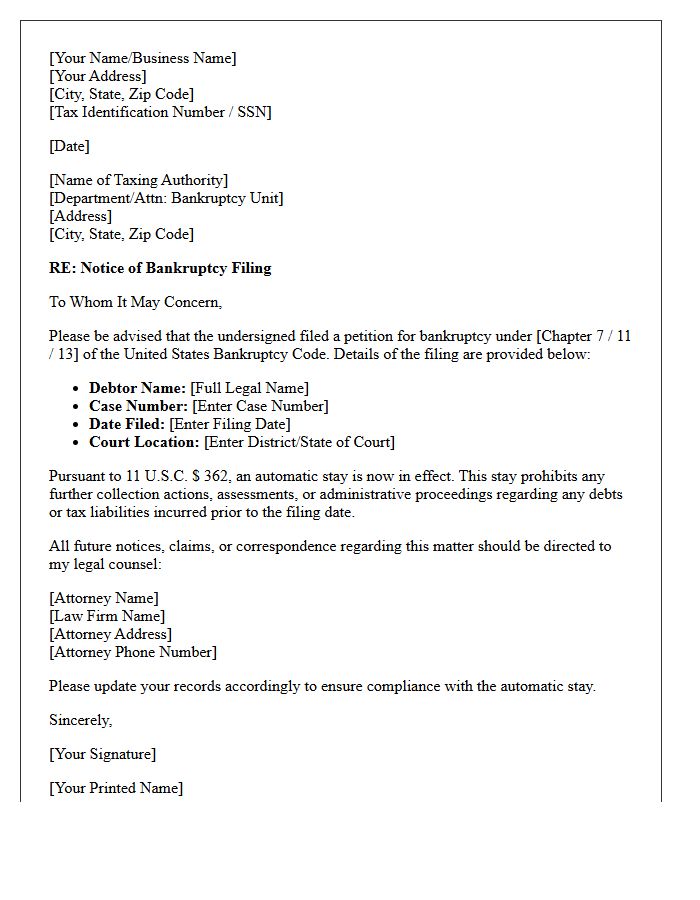 Notice of Bankruptcy Filing Letter to Tax Authorities