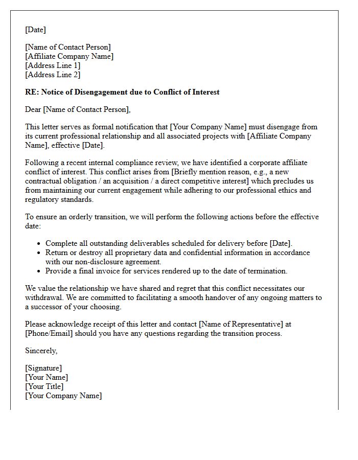 Corporate Affiliate Conflict of Interest Disengagement Letter