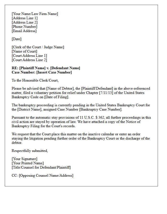 Letter Staying Pending Litigation Due to Notice of Bankruptcy Filing