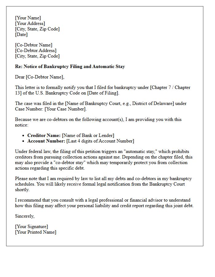 Notice of Bankruptcy Filing Letter to Co-Debtors