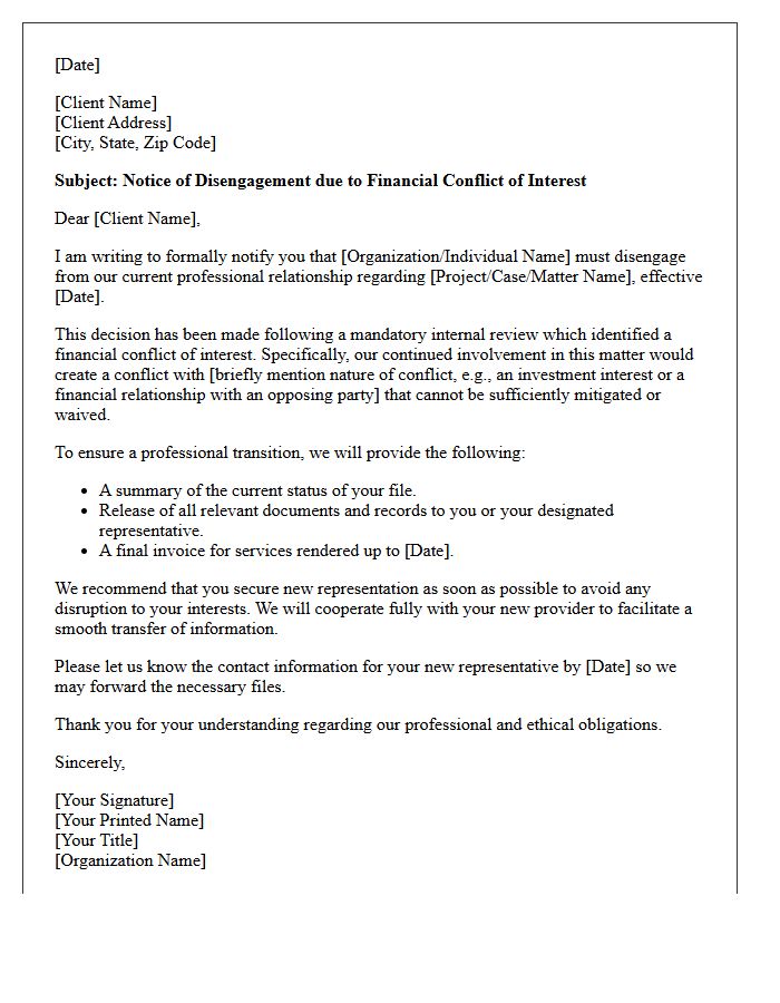 Financial Interest Conflict of Interest Disengagement Letter