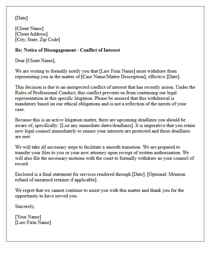 Unexpected Litigation Conflict of Interest Disengagement Letter