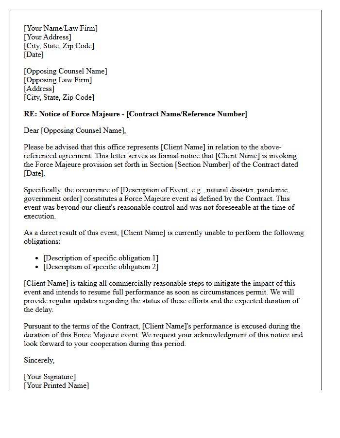 Force Majeure Declaration Letter to Opposing Counsel