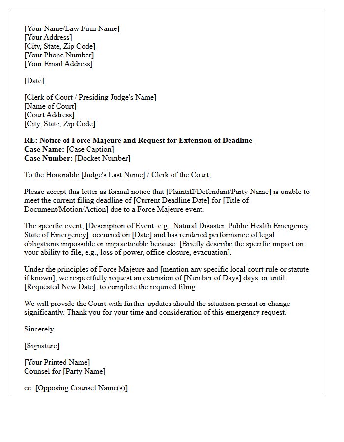 Letter of Force Majeure Notice for Court Deadline Extension