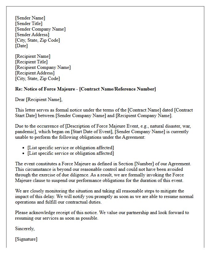 Vendor Services Contract Force Majeure Notice Letter