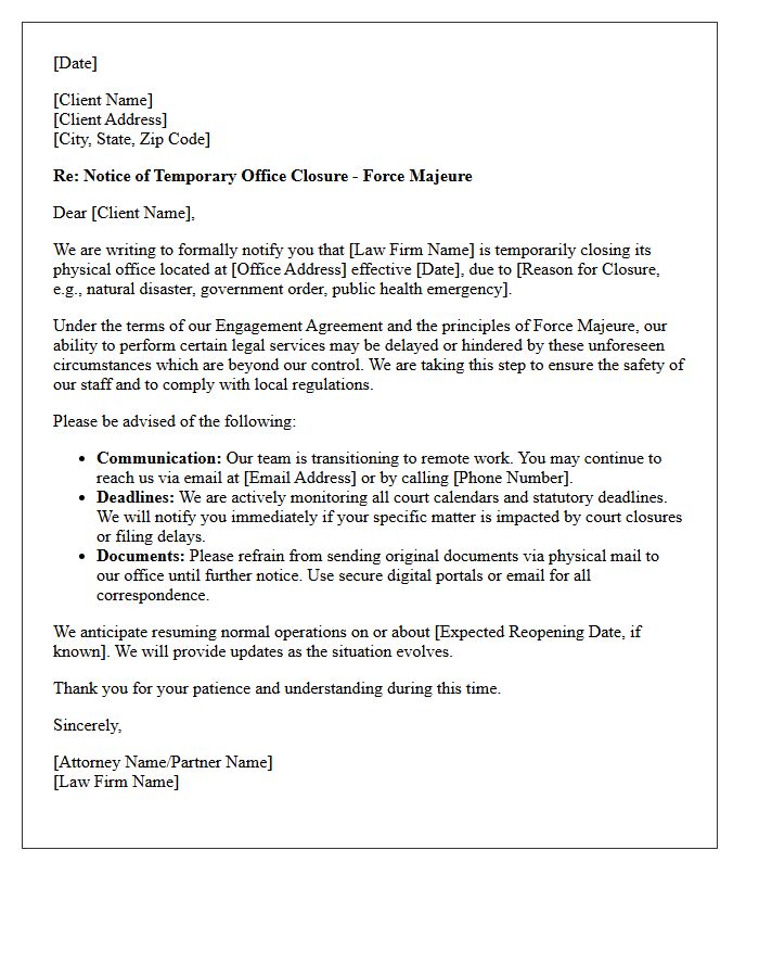 Law Firm Office Closure Force Majeure Letter
