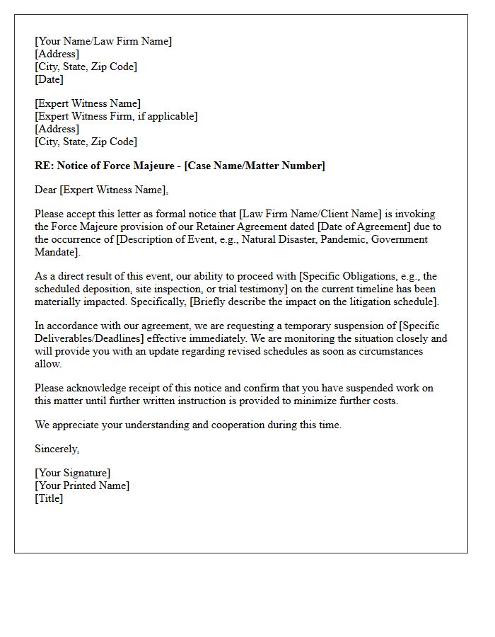 Force Majeure Notice Letter to Retained Expert Witness
