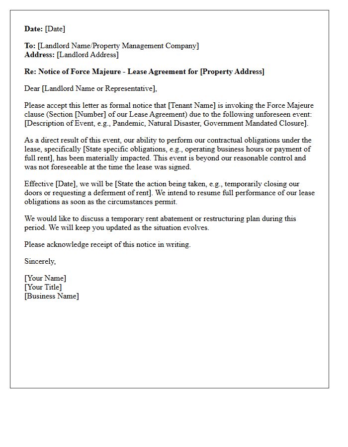 Letter of Force Majeure Invocation for Commercial Lease