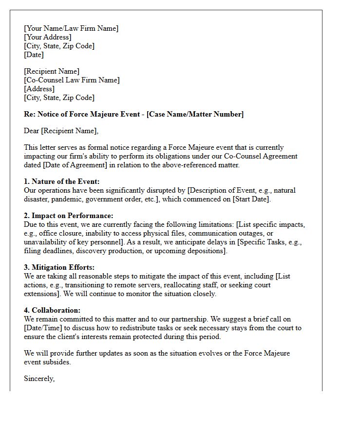 Force Majeure Event Notification Letter to Co-Counsel