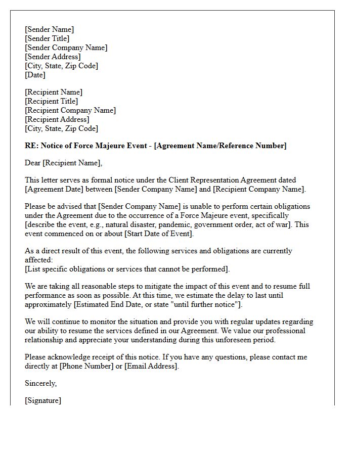 Client Representation Agreement Force Majeure Notice Letter