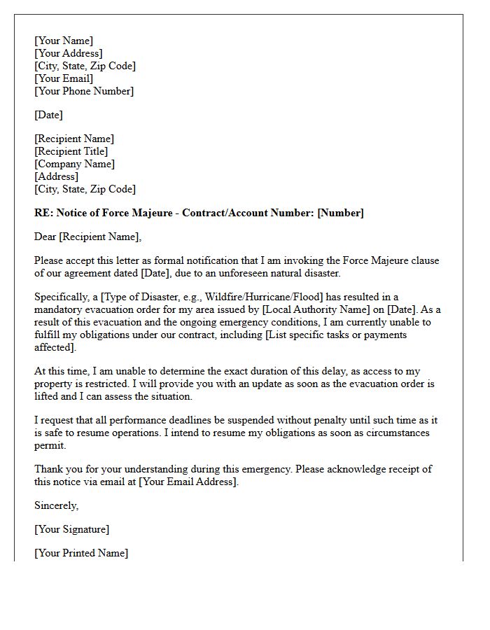 Letter of Force Majeure Due to Natural Disaster Evacuation
