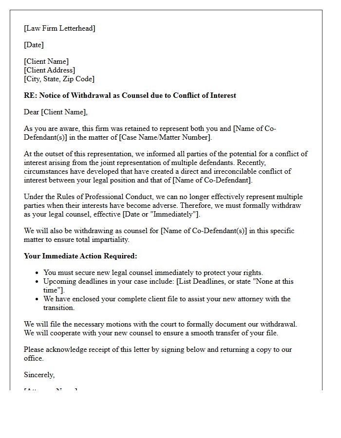 Multiple Defendant Conflict of Interest Disengagement Letter