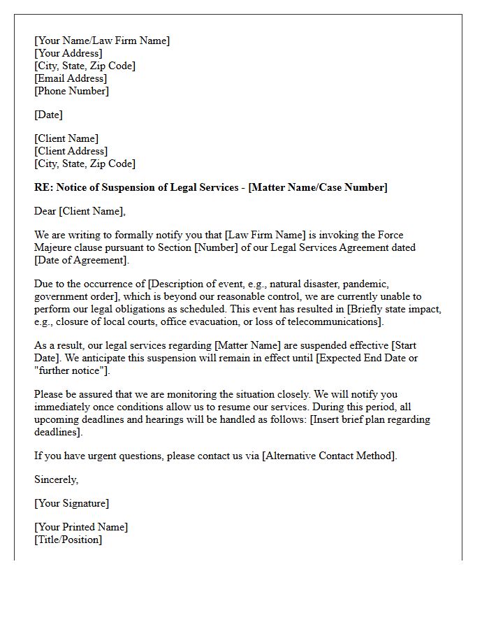 Force Majeure Suspension of Legal Services Letter