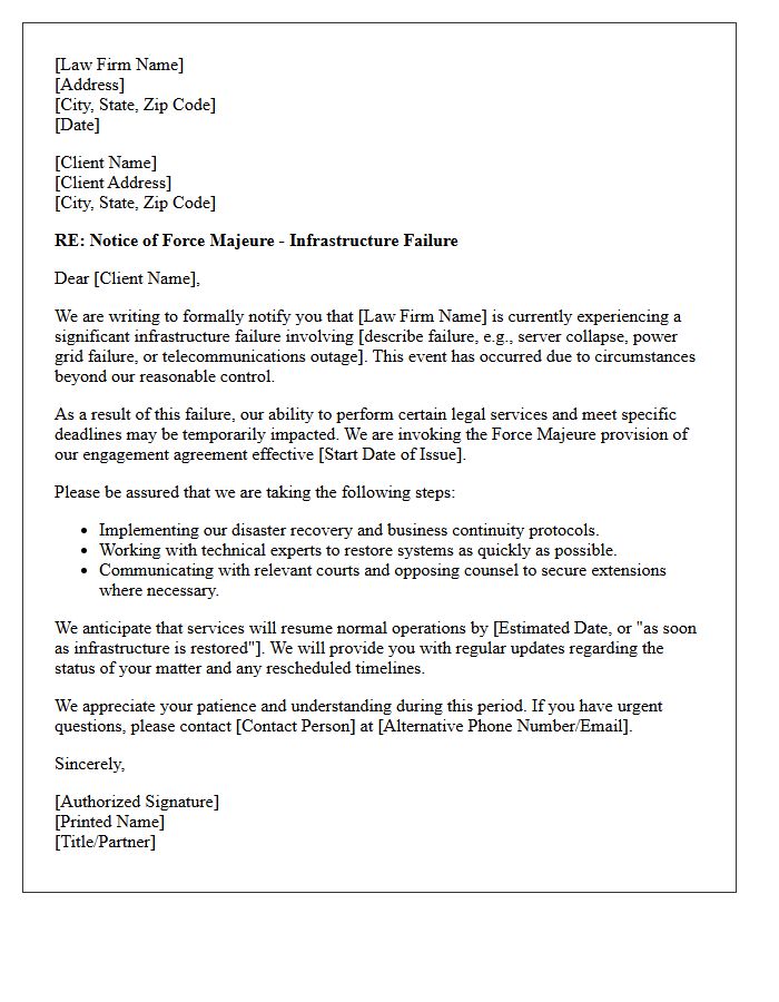 Law Firm Infrastructure Failure Force Majeure Letter