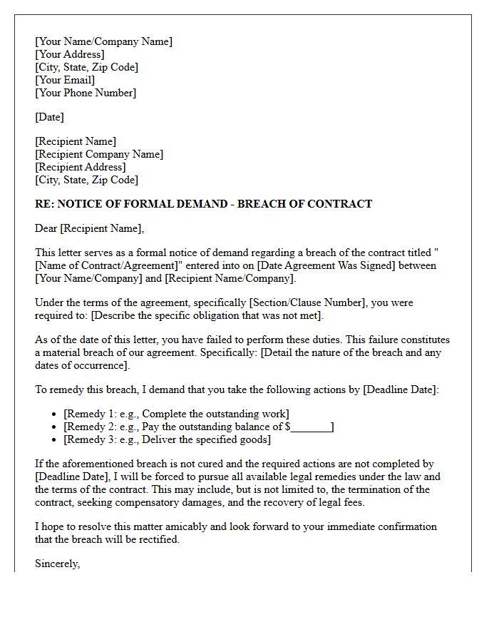 Notice of Demand Letter for Breach of Contract Remedies