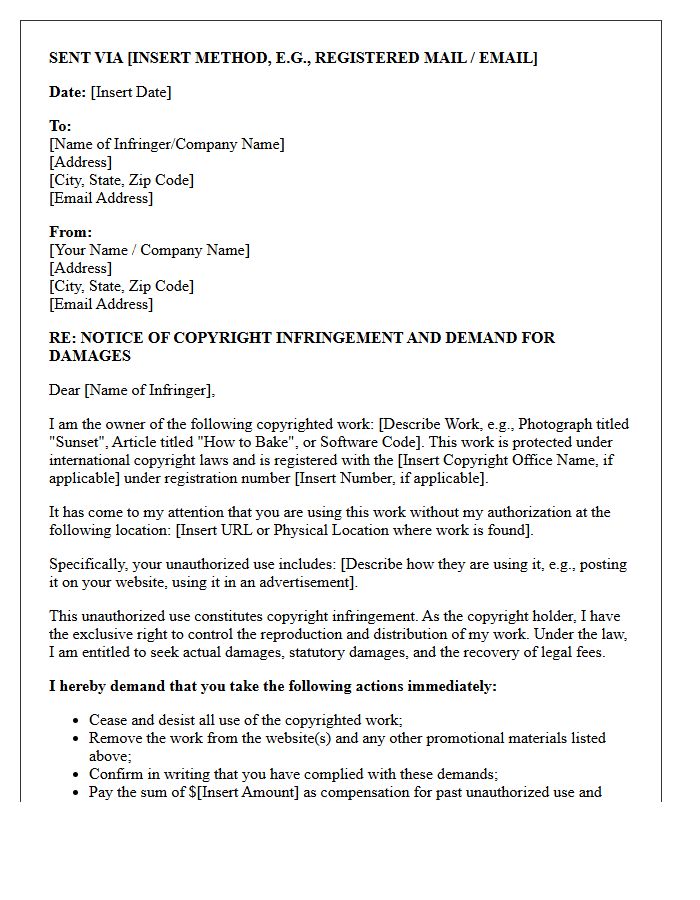 Notice of Demand Letter for Copyright Infringement and Damages