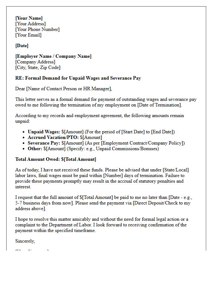 Notice of Demand Letter for Unpaid Wages and Severance