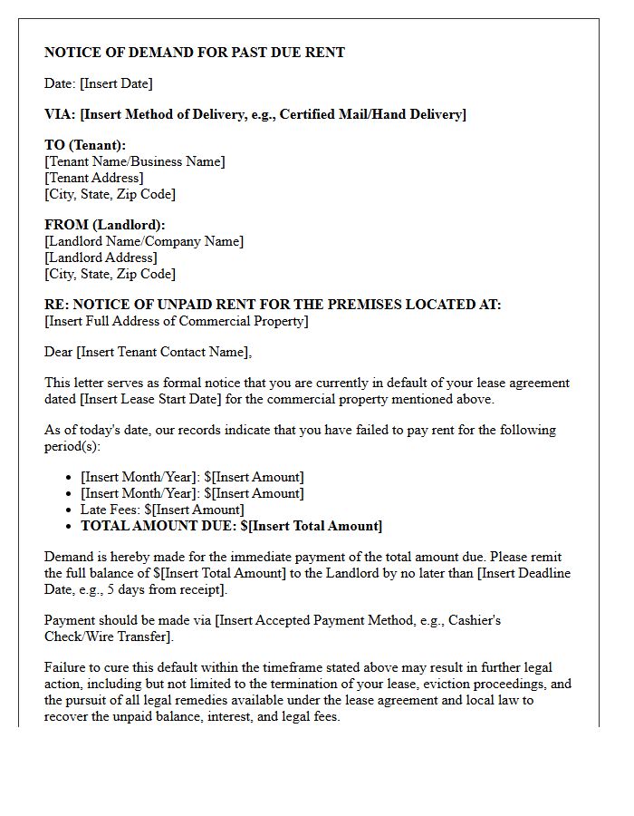 Notice of Demand Letter for Past Due Commercial Rent