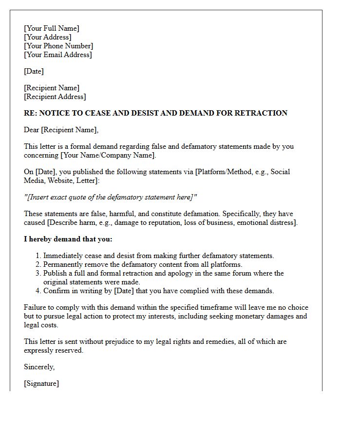 Notice of Demand Letter for Defamation and Retraction