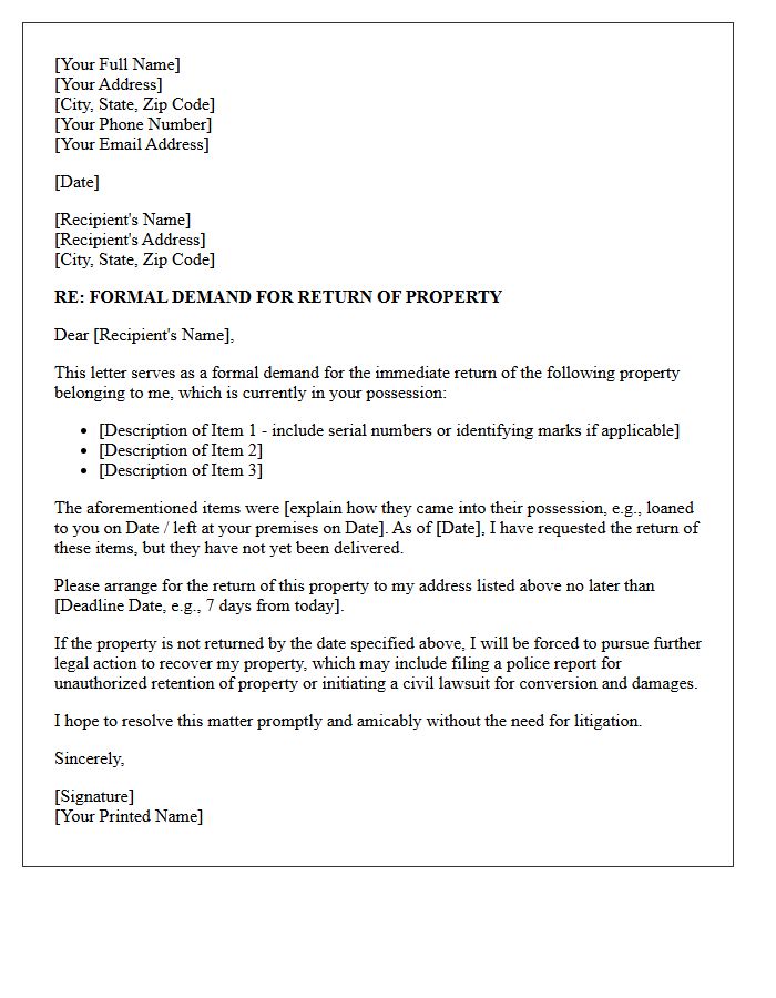 Notice of Demand Letter for Return of Retained Property