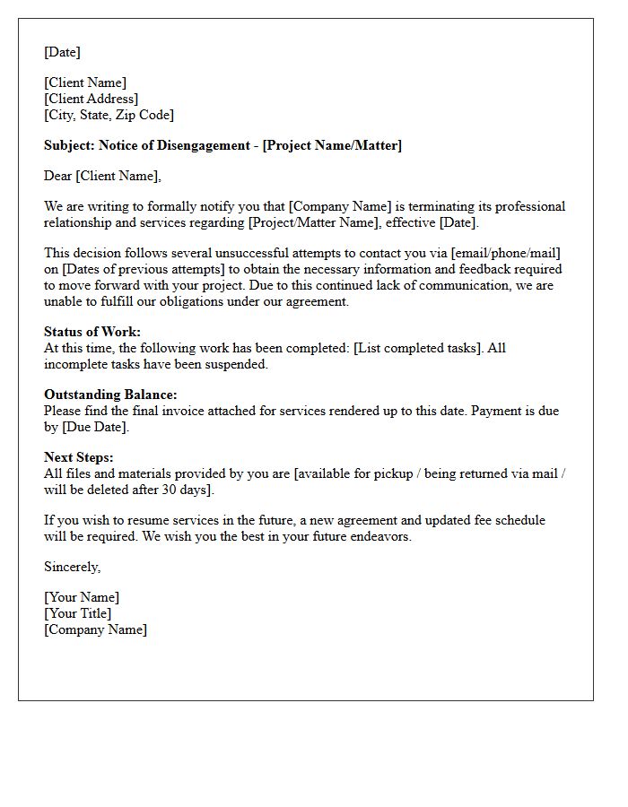 Notice of Disengagement Letter Due to Client Unresponsiveness