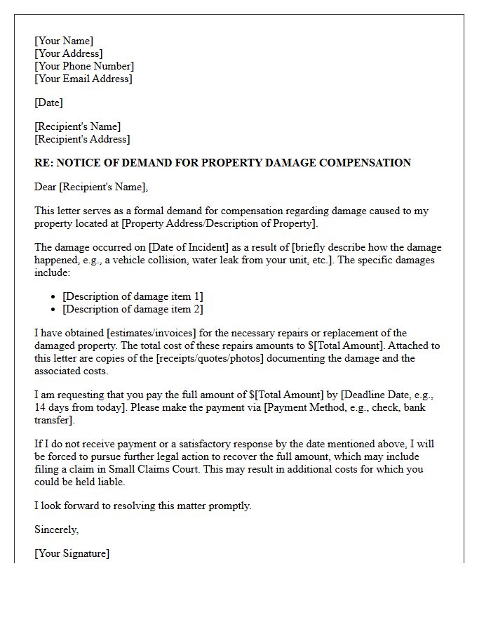 Notice of Demand Letter for Property Damage Compensation