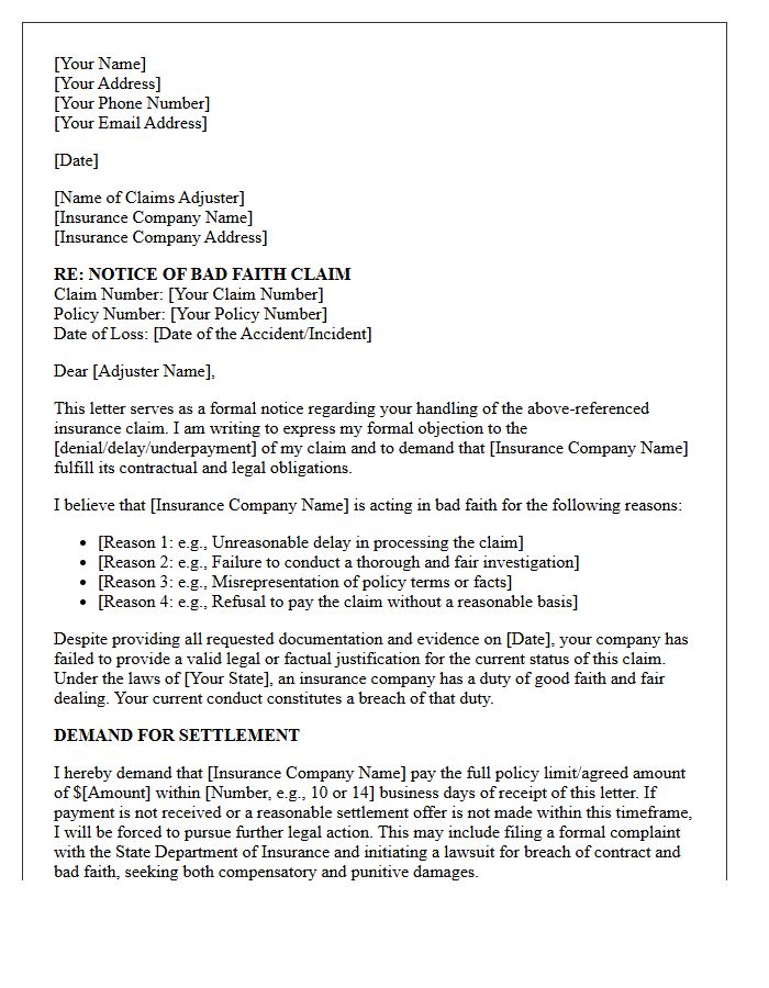 Notice of Demand Letter for Insurance Claim Bad Faith