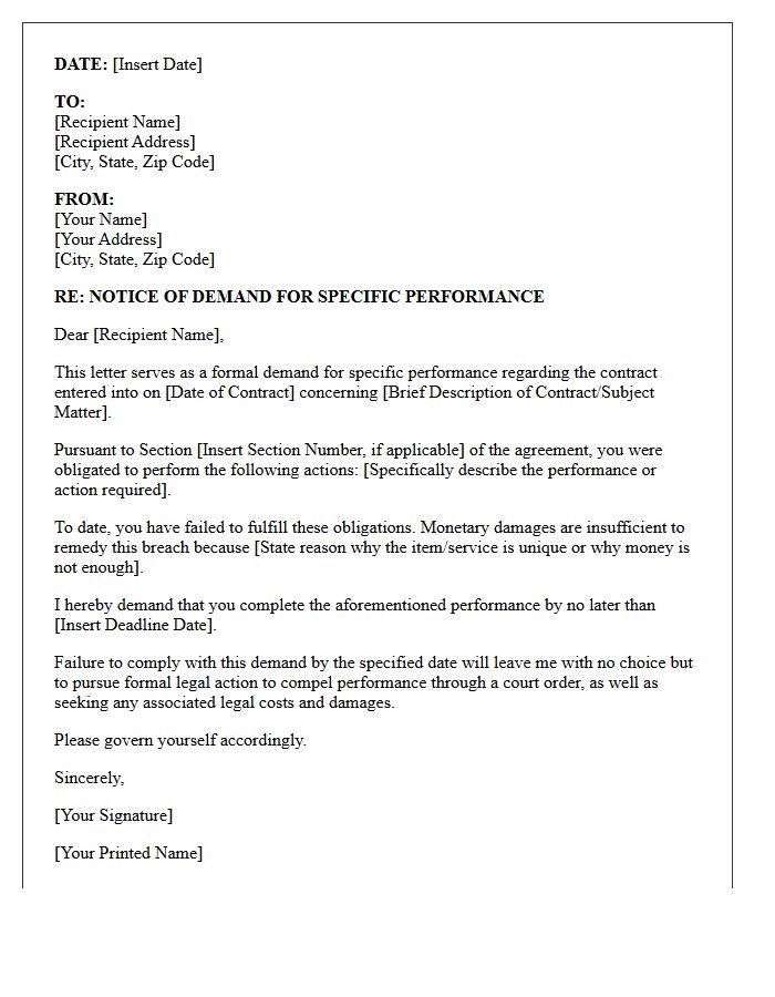 Notice of Demand Letter for Specific Performance Obligation