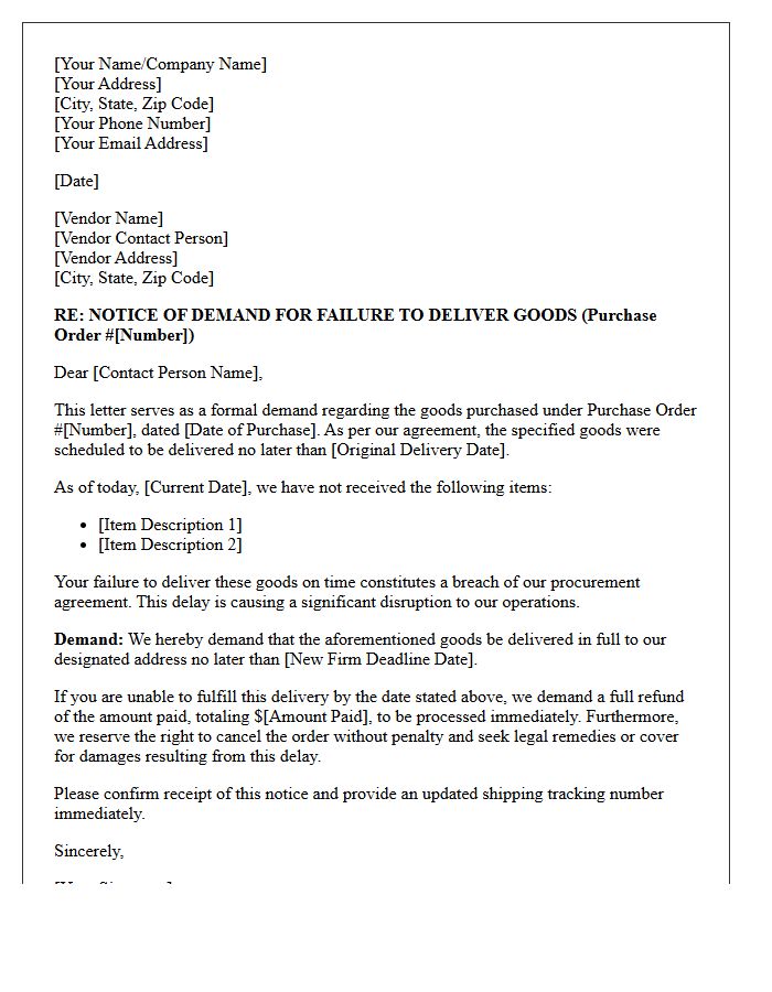 Notice of Demand Letter for Failure to Deliver Procured Goods