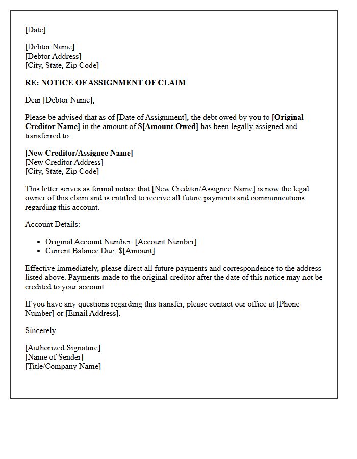 First Notice of Assignment of Claim Letter to Debtor