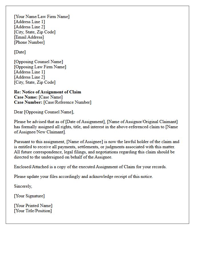 Formal Letter of Notice of Assignment of Claim to Opposing Counsel
