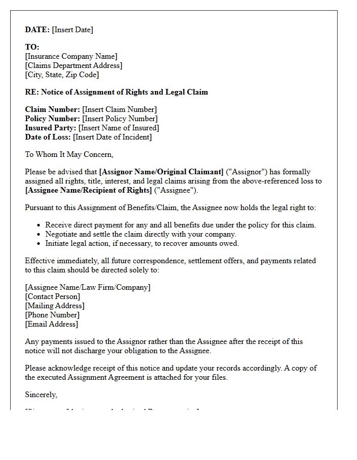 Notice of Assignment of Legal Claim Letter to Insurance Carrier