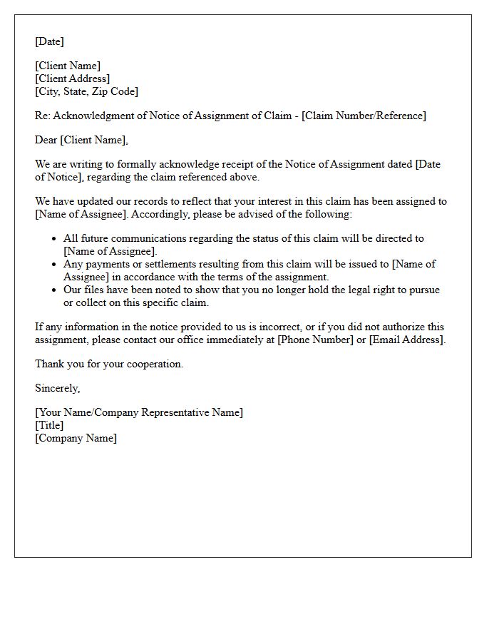 Client Acknowledgment Letter Regarding Notice of Assignment of Claim
