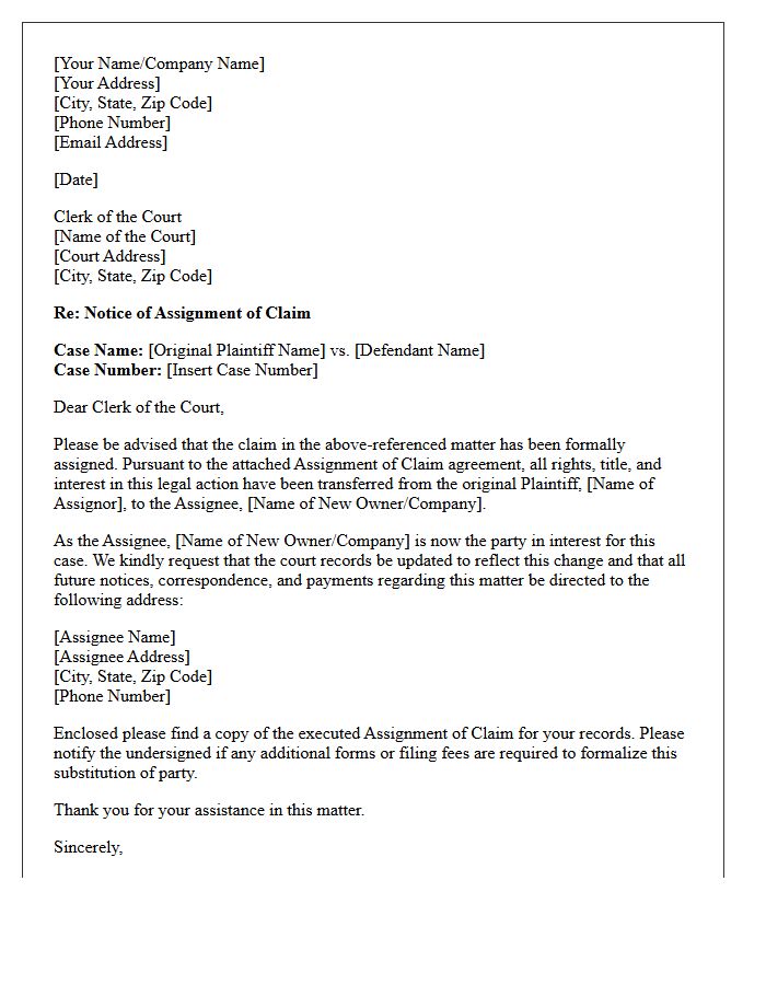 Notice of Assignment of Claim Letter to Court Clerk